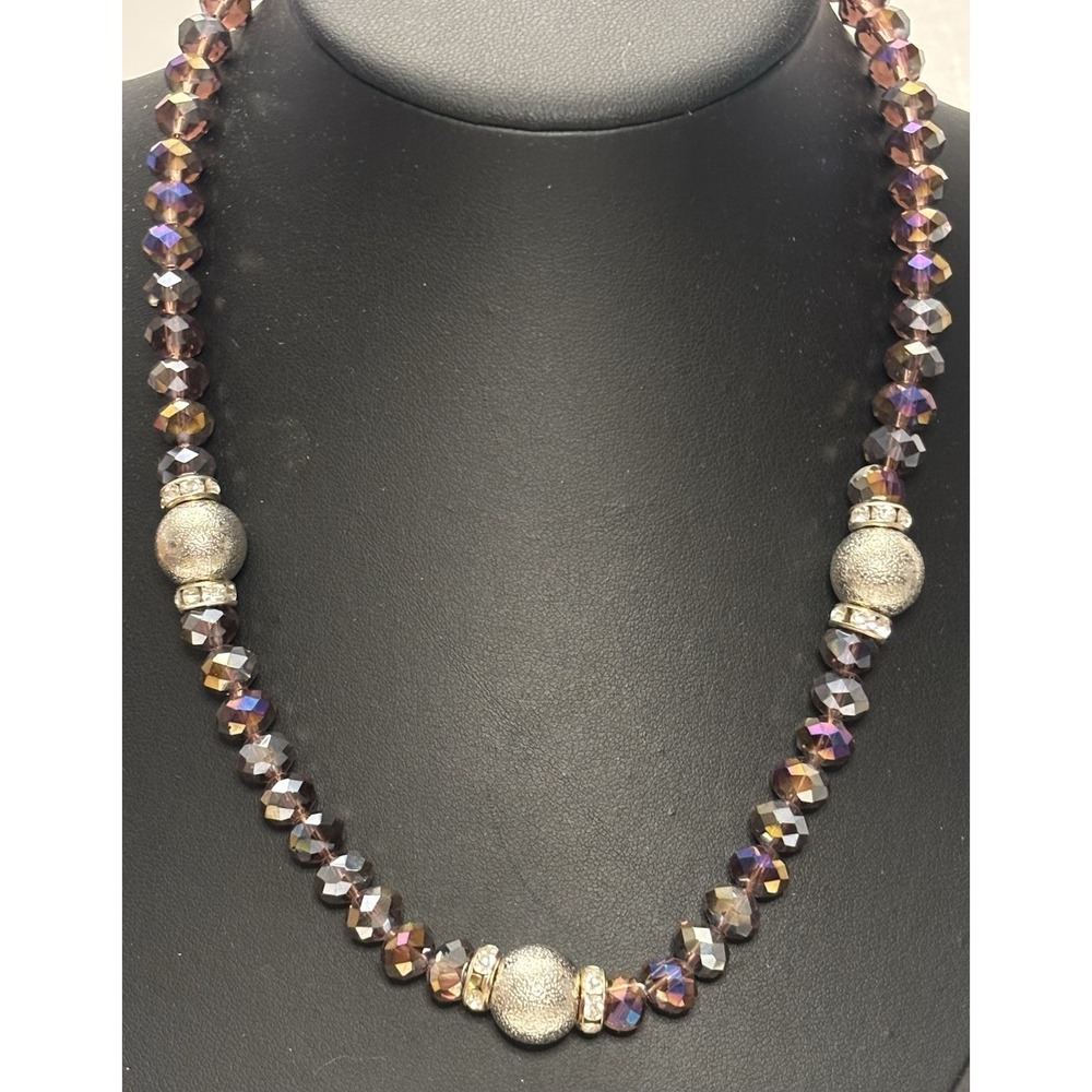 Purple AB Faceted Glass Bead Necklace Rhinestone Silver Tone 18"